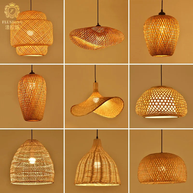 Lámpara colgante de bambú de última moda, luces de techo de ratán y mimbre, trenzado tejido a mano, suspendida, para el hogar y el comedor, decoración interior trenzada.