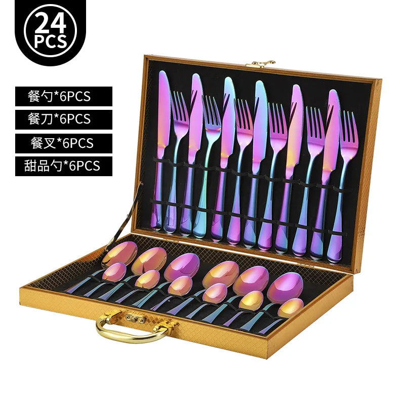 Juego de vajilla dorada de 24 piezas, lujo ligero, acero inoxidable, cubiertos, tenedor, cuchillo, cuchara, vajilla minimalista con caja de regalo.