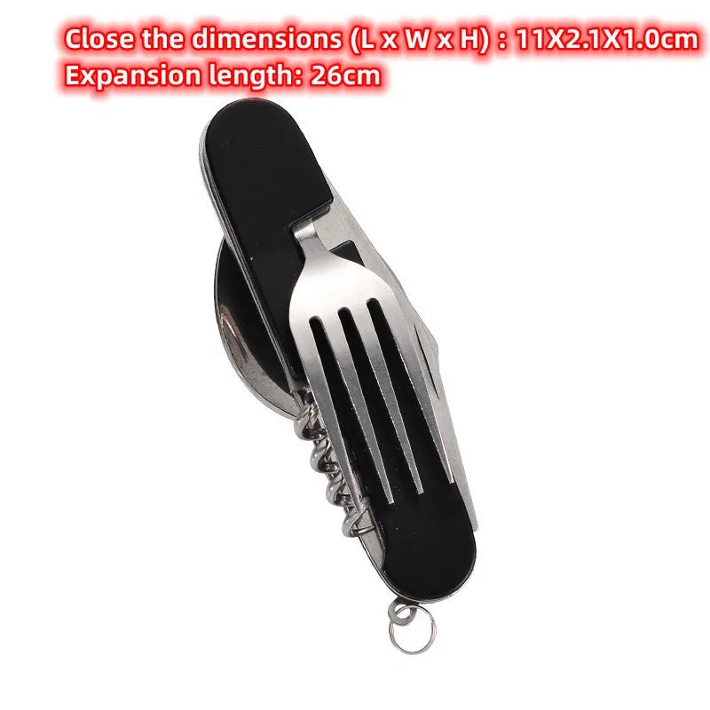 Juego de cucharas soperas 4 en 1: cuchara plegable, cuchillo, tenedor, abridor de botellas, acero inoxidable, kit de bolsillo plegable, vajilla para exteriores.