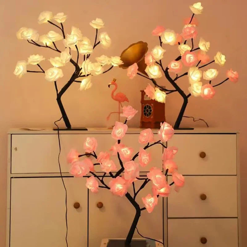Lámpara de mesa con 24 luces LED de rosas rojas en forma de árbol, luz nocturna de hadas con forma de flor para decoración del hogar, fiestas, Navidad, bodas y dormitorios. Regalo ideal.