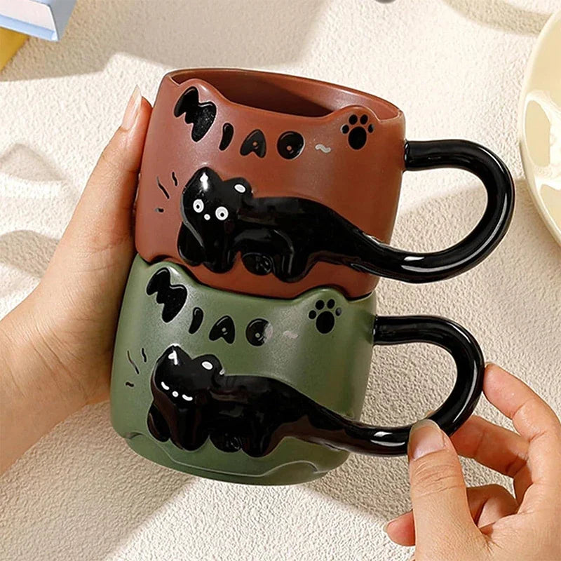 Taza apilable con diseño de gato, taza de café o té con un lindo diseño de dibujos animados, apilable, creativa, adorable, de cerámica, regalo divertido para uso doméstico diario.