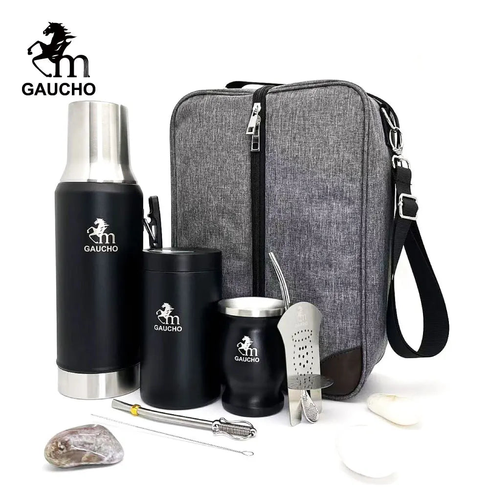 1 juego/lote de kits de viaje de yerba mate Gaucho que incluyen termo de acero inoxidable, taza de calabaza, bombilla, pajita, lata de té y separador de filtro.