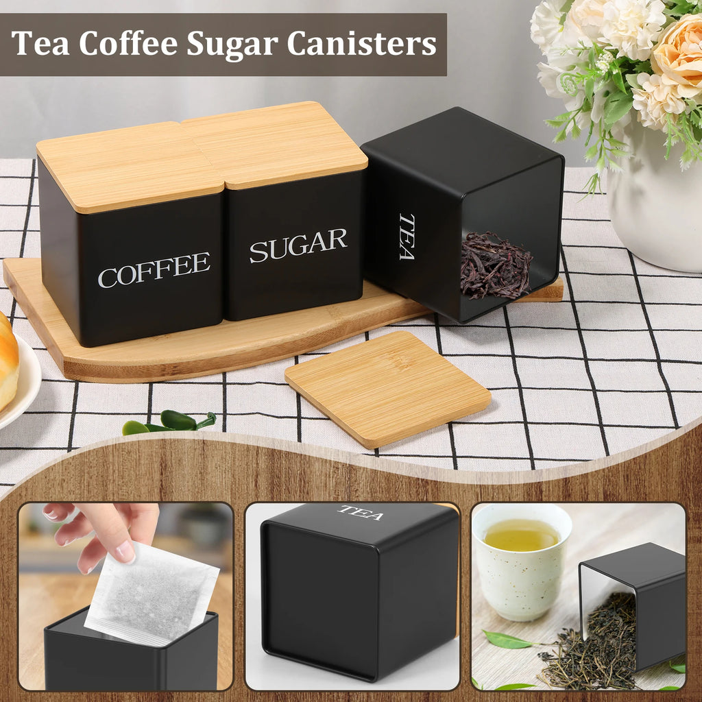 3 botes de almacenamiento para granos de café, té y azúcar, con cierre hermético al vacío. Botes de hierro para cocina con tapa hermética.