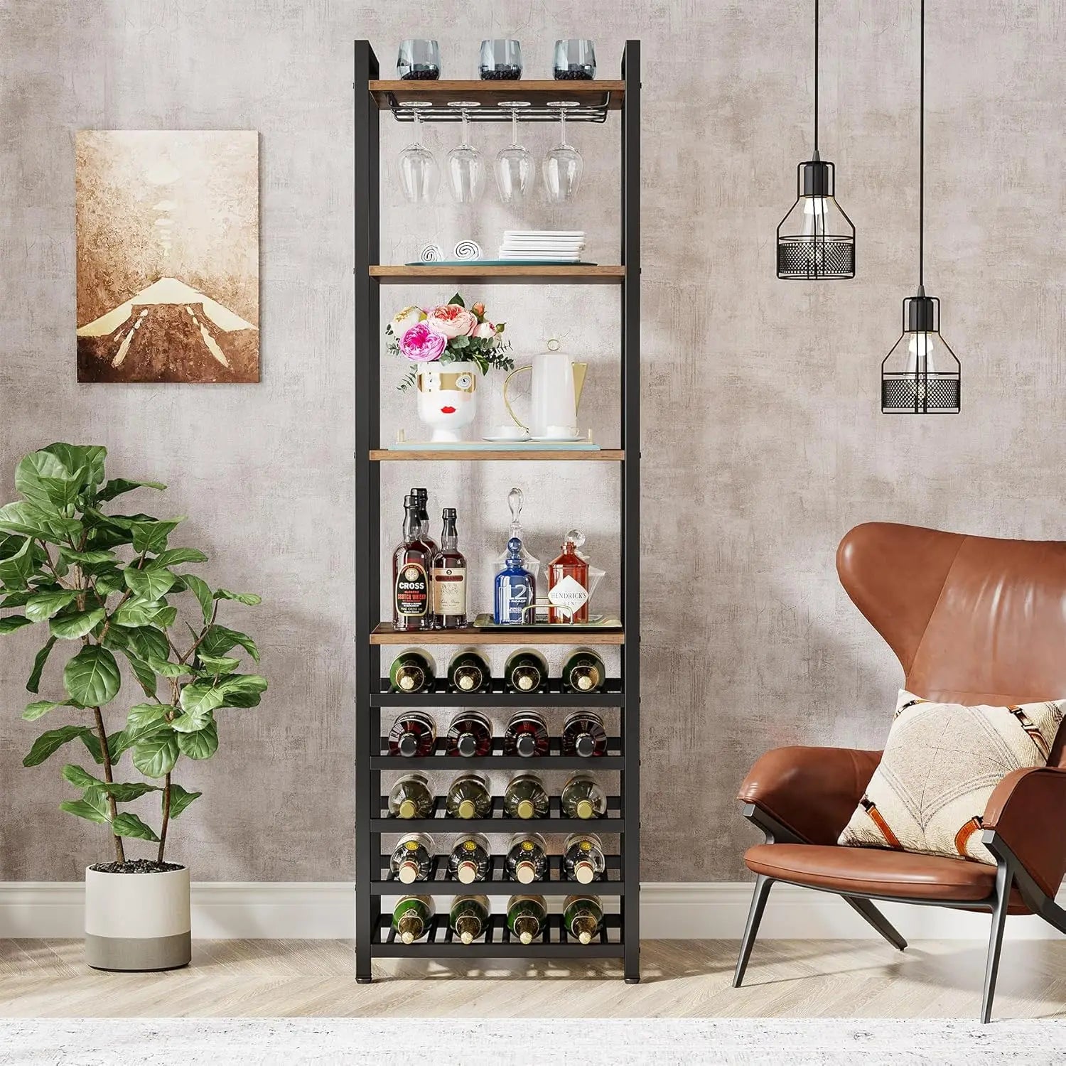 Botellero independiente de 9 niveles con soporte para copas, mueble bar multifuncional con soporte para botellas para el hogar, la cocina y el comedor.