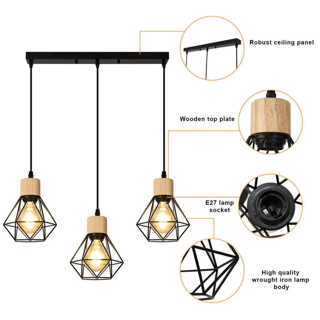 Lámparas colgantes vintage de 3 luces, E27, lámpara de techo industrial negra, iluminación de techo de madera y metal para dormitorio o cafetería.