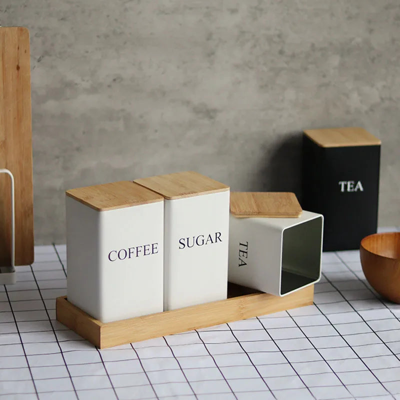 Recipiente para granos de café con tapa de bambú, estilo sencillo, tarros de metal para té, café y azúcar, lata de té, utensilios de cocina.