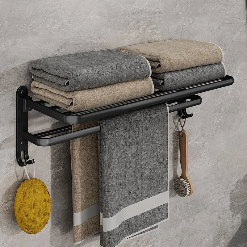 Toallero plegable de aluminio de 50 cm en negro mate con gancho para montaje en pared.