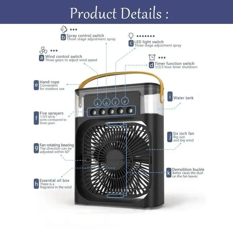 Ventilador 3 en 1, aire acondicionado doméstico pequeño, enfriador de aire, luz nocturna LED, humidificador portátil, ventilador con ajuste de aire, ventilador para oficina y hogar.