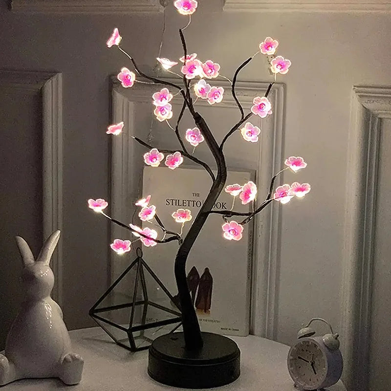 Lámpara de mesa con forma de árbol, alimentada por USB/pilas, con interruptor táctil, bonsái artificial de cerezo en flor, lámpara de escritorio LED decorativa.