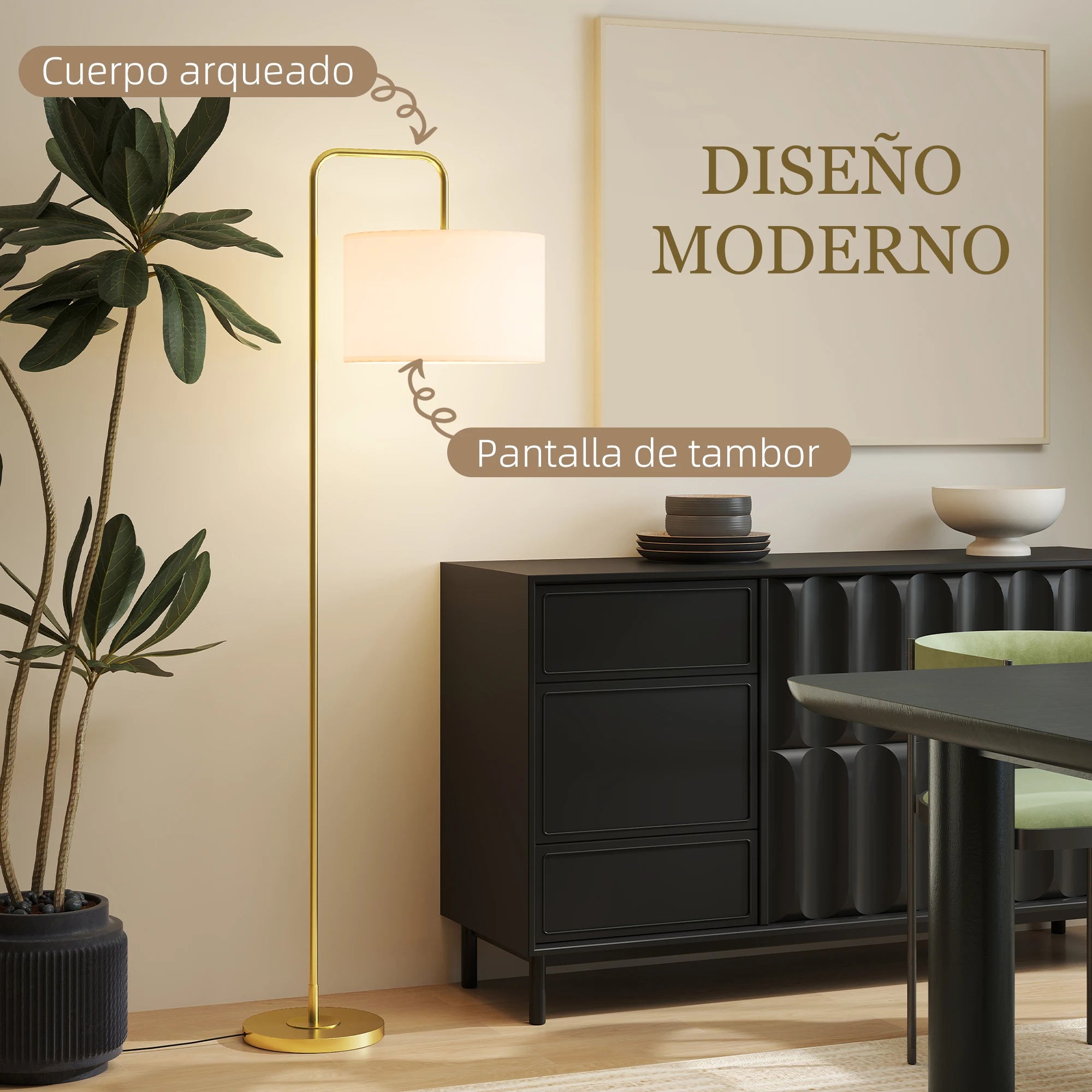 Lámpara de pie moderna Homcom con pantalla de lino sintético, lámpara de lectura para salón, 64 x 38 x 163,5 cm, blanca y dorada.