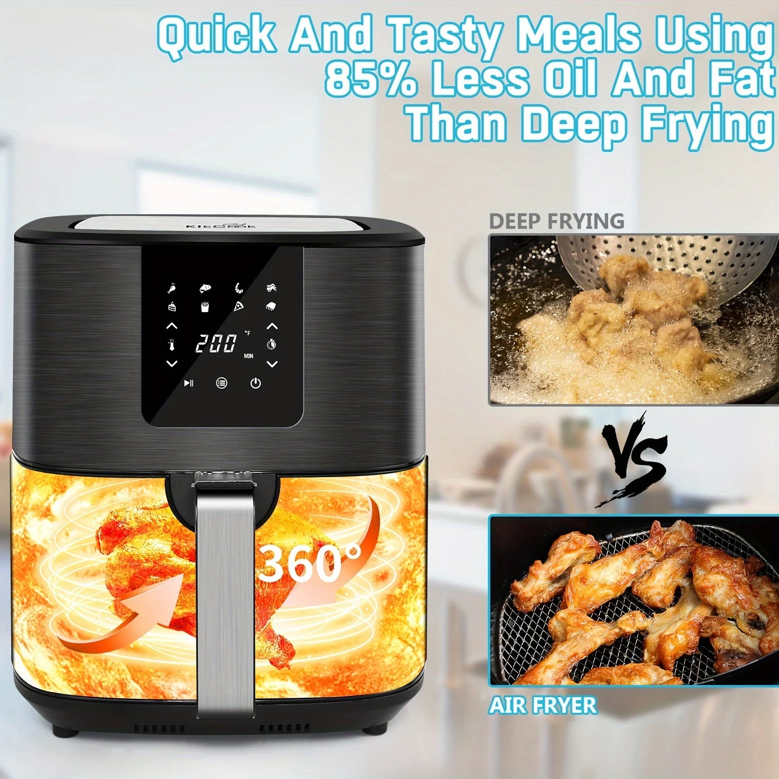 Freidora de aire grande KitCook, 1500 W, 7 cuartos de galón, temperatura ajustable de 100 a 400 °F, 8 menús preestablecidos, pantalla táctil digital, sin