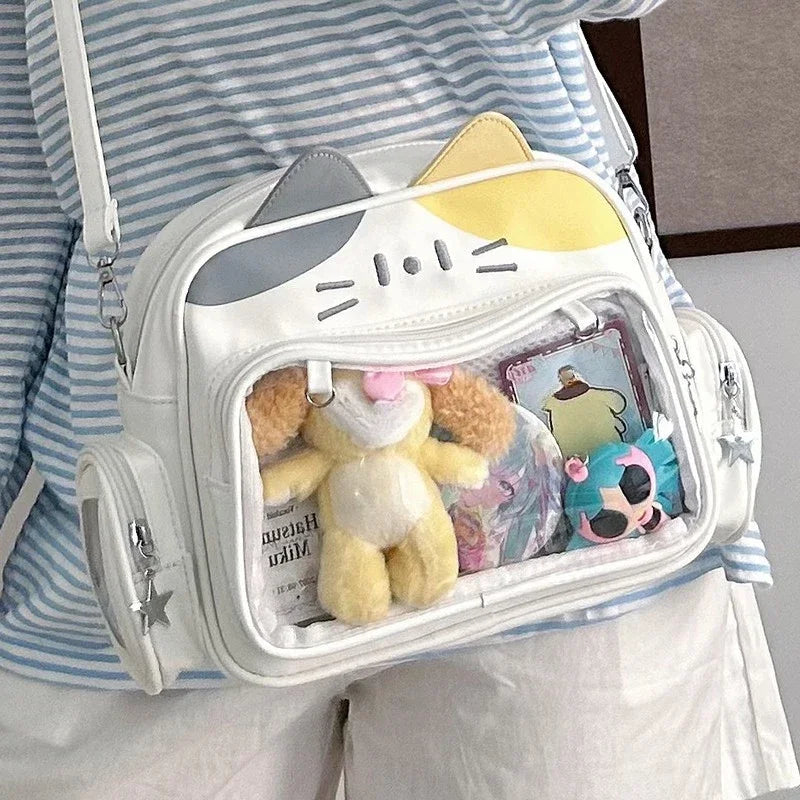 Mochilas de moda para mujer Y2K estilo coreano/japonés Kawaii con gato, bolso Ita de PU, lindas chicas, bolsillo transparente, estéticas, bolsos de hombro y bandolera
