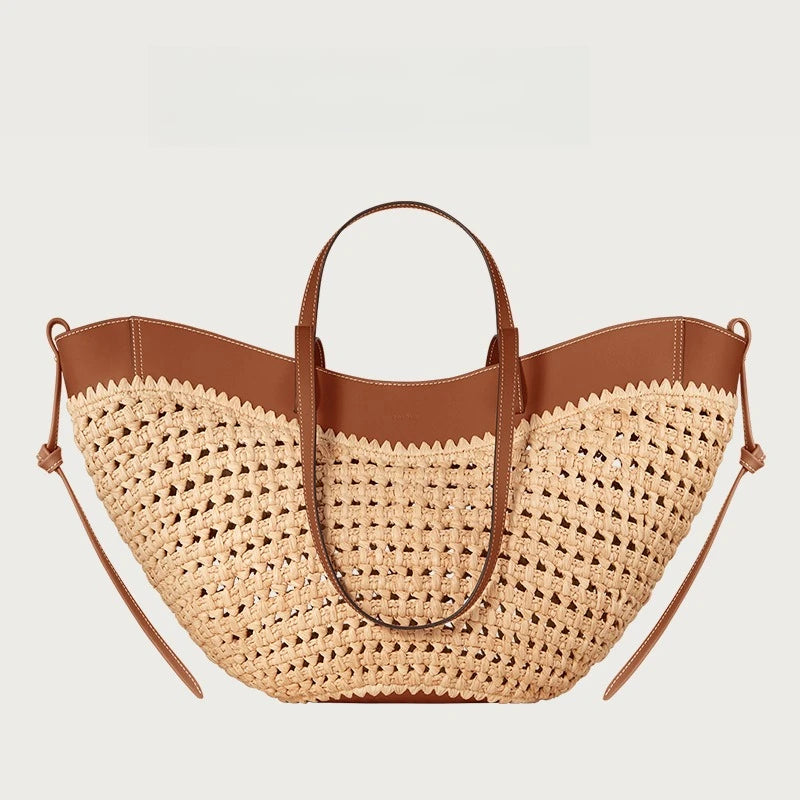 Bolso tote tejido para mujer, bolso de playa de paja de gran capacidad, bolso de hombro sencillo e informal para el verano.