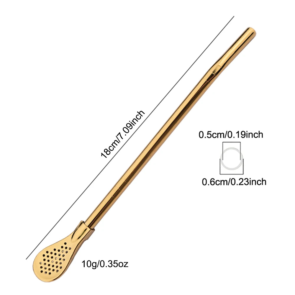 Juego de 5 pajitas de acero inoxidable plateadas lavables y reutilizables para yerba mate, con filtro tipo cuchara, ideales para coctelerías y accesorios de bar.