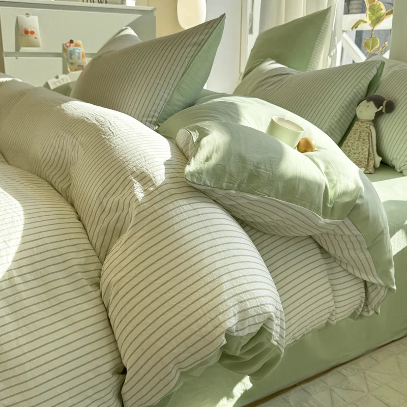 Juego de funda nórdica de algodón lavado, juego de edredón estilo nórdico minimalista, juego de cama gris a rayas, juego de ropa de cama textil para el hogar, sábanas 2025