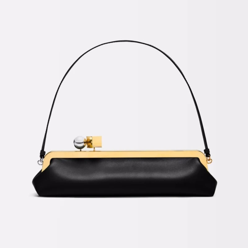 Bolso de mano largo con correa de hombro extraíble, bolso baguette de moda para mujer, bolso de mano de lujo de diseñador con clip para mujer.