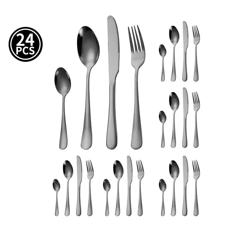 Juego de vajilla dorada de 24 piezas, lujo ligero, acero inoxidable, cubiertos, tenedor, cuchillo, cuchara, vajilla minimalista con caja de regalo.