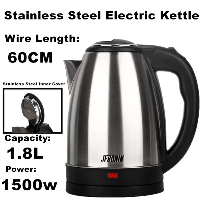 Hervidor eléctrico de acero inoxidable JFBONIN de 1,8 L, 220 V, color plata y negro, con base separable, resistente a la corrosión y duradero para el hogar y los viajes.