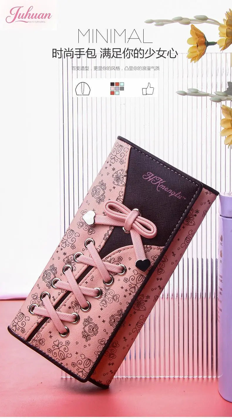 Cartera japonesa lolita para mujer, estilo casual, larga, de gran capacidad, con lazo, plegable, con tres compartimentos, linda y dulce, para tarjetas.