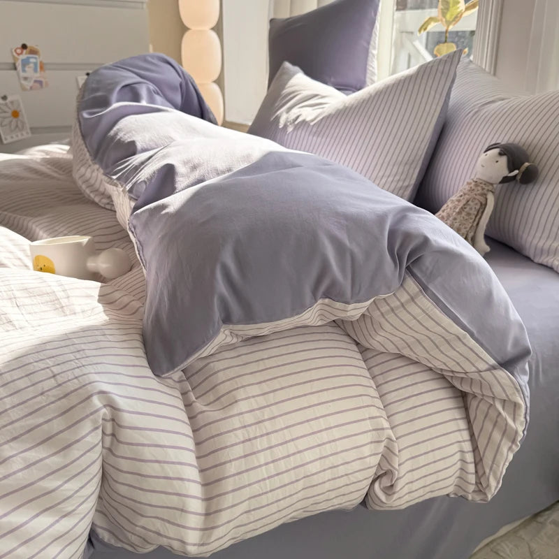 Juego de funda nórdica de algodón lavado, juego de edredón estilo nórdico minimalista, juego de cama gris a rayas, juego de ropa de cama textil para el hogar, sábanas 2025