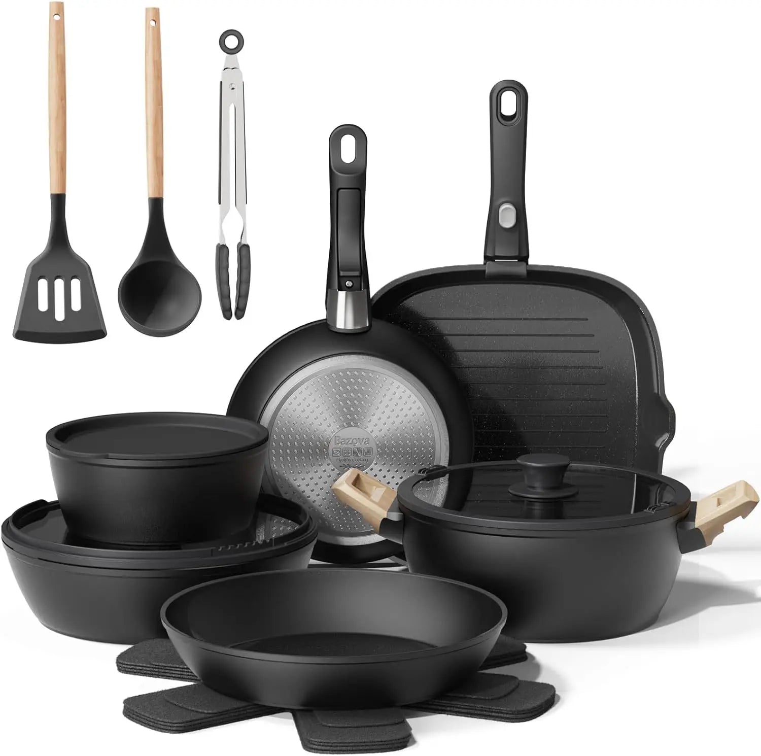 Juego de 19 piezas de utensilios de cocina de cerámica antiadherentes, apto para inducción, lavavajillas y horno, color blanco crema.