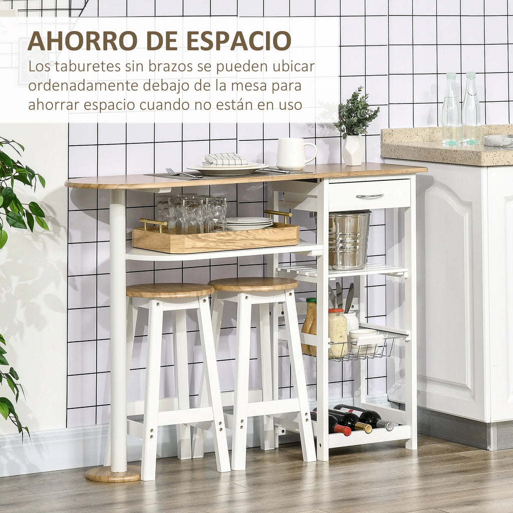 Homcom Bar Table Set with 1 Drawer 2 Shelves Removable Basket and Bottle Rack Furniture Set with 119X38.5X88.5 cm High Table and 2 Stools 29X29X55 cm for Dining Room Kitchen White