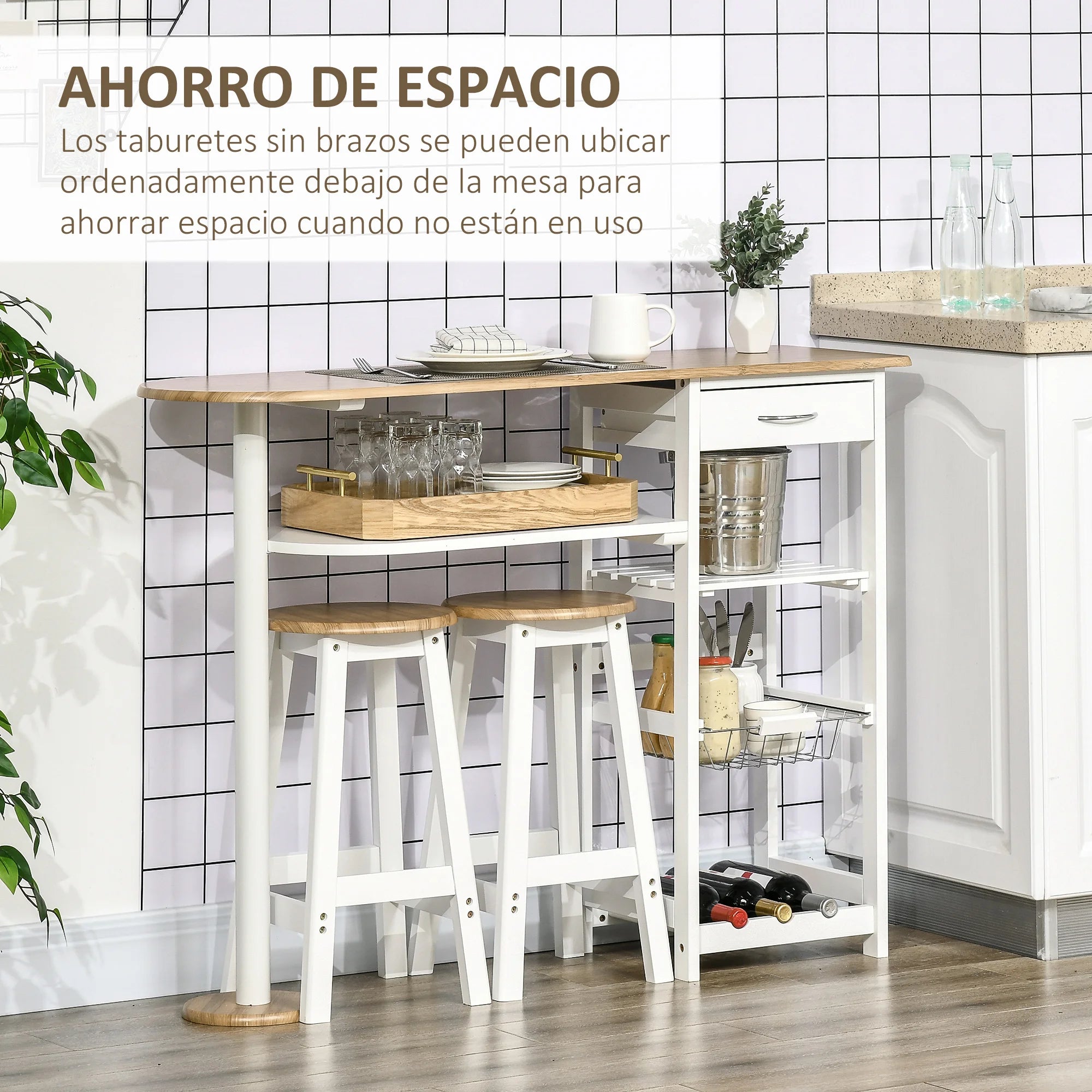 Homcom Bar Table Set with 1 Drawer 2 Shelves Removable Basket and Bottle Rack Furniture Set with 119X38.5X88.5 cm High Table and 2 Stools 29X29X55 cm for Dining Room Kitchen White