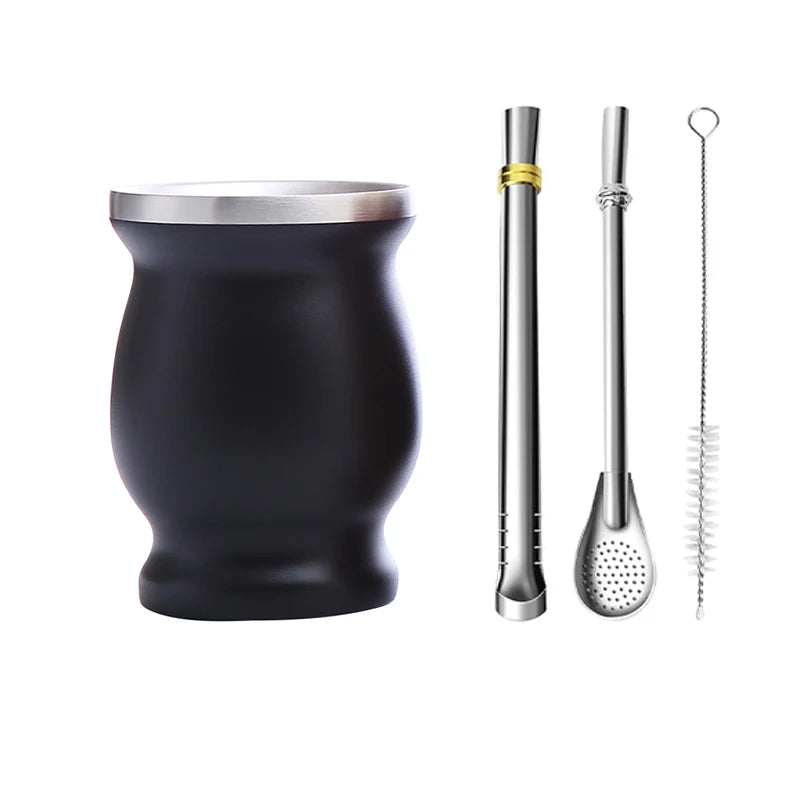 Juego de mate de acero inoxidable con doble pared, incluye 2 bombillas, una calabaza para mate con pajita y un cepillo de limpieza.