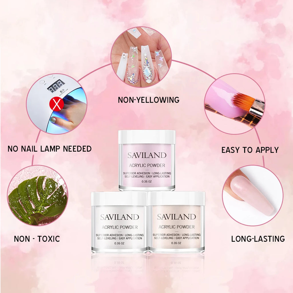 Kit de uñas acrílicas Saviland, 3 colores: rosa, nude, transparente, polvo líquido, con pincel, moldes y recipiente para extensiones de uñas y manicuras.
