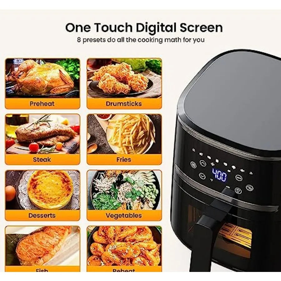 Freidora de aire digital de 5 cuartos con 8 programas de cocción preestablecidos, ventana de cocción visible, pantalla táctil LCD, bandeja de cesta antiadherente apta para lavavajillas.