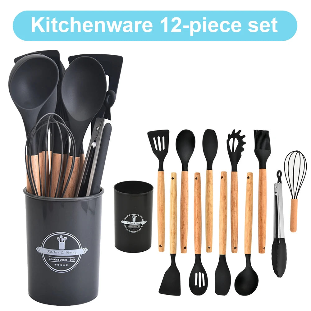 Juego de 12 piezas de utensilios de cocina de silicona antiadherentes: espátula, pala, cuchara, brocha, batidor, mango de madera.