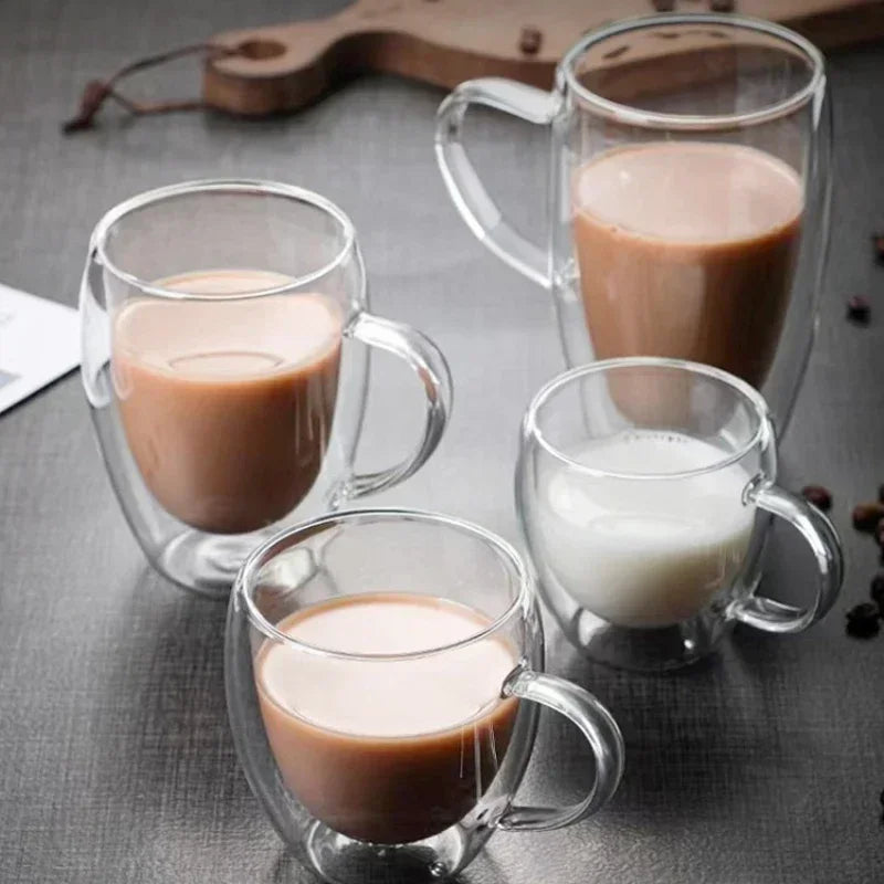 Taza de vidrio de borosilicato de doble pared transparente resistente al calor con asa, ideal para café, leche, zumo o agua. Regalo perfecto para amantes del café.