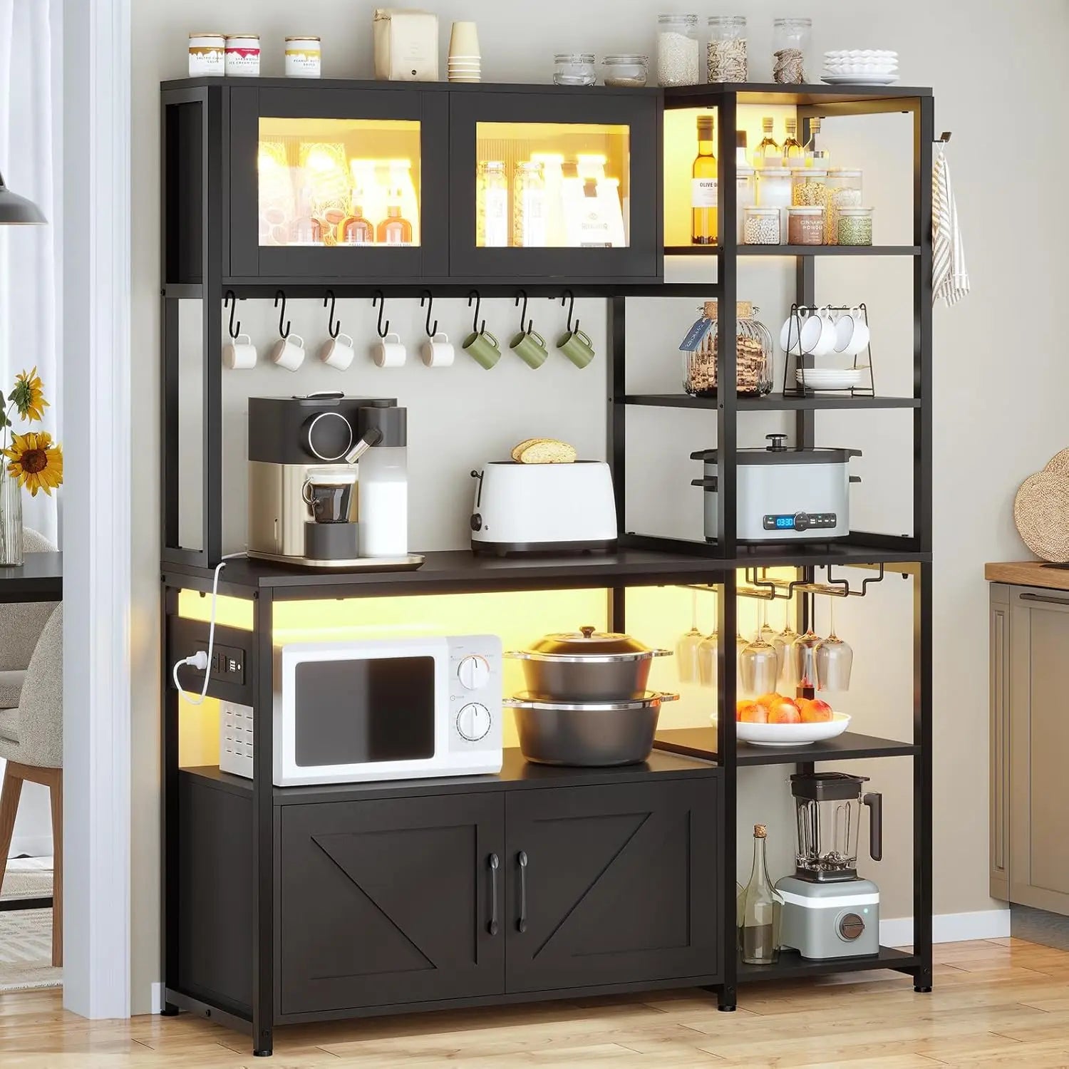 45.3 Inch Farmhouse Bakers Rack, Coffee Bar Cabinet with Power Outlet, LED Light & Microwave Storage