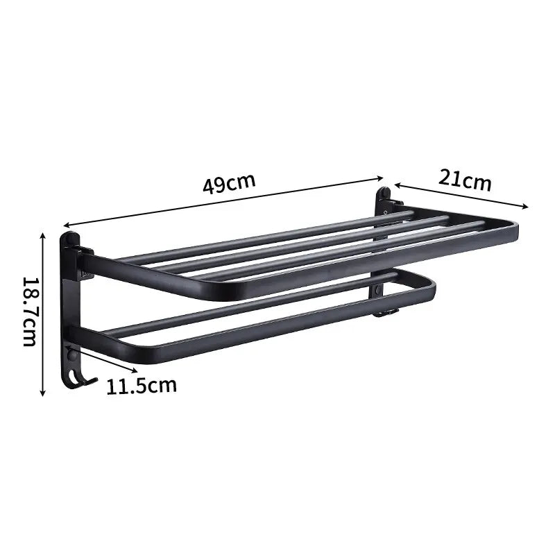 Toallero plegable de aluminio de 50 cm en negro mate con gancho para montaje en pared.