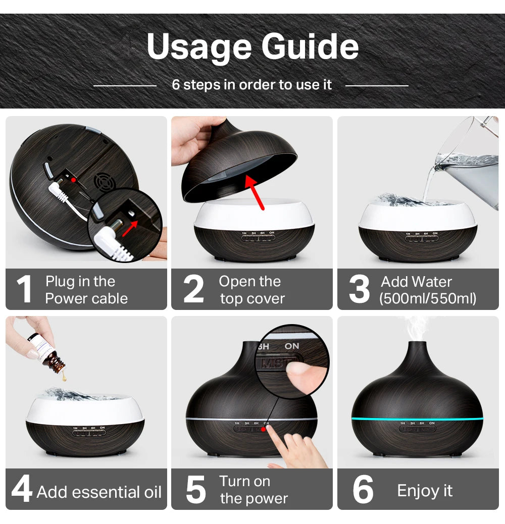 Difusor de aceites esenciales para aromaterapia con acabado de madera, control remoto, humidificador de aire ultrasónico, luz LED de 7 colores.