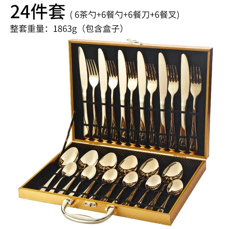 Juego de vajilla dorada de 24 piezas, lujo ligero, acero inoxidable, cubiertos, tenedor, cuchillo, cuchara, vajilla minimalista con caja de regalo.