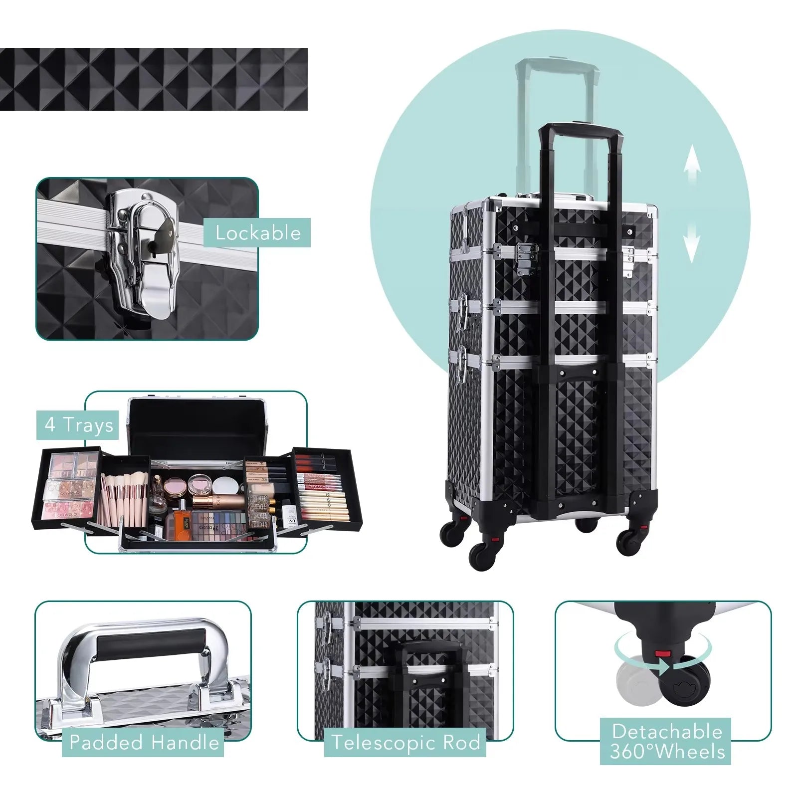 Maletín de maquillaje rodante 3 en 1, maletín de maquillaje desmontable, maletín de cosmetología con ruedas, carrito de maquillaje con cerradura de gran capacidad para salón de belleza.