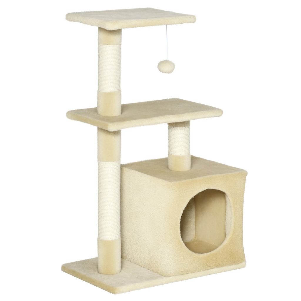 Rascador PawHut con sisal, muebles para gatos con juguetes de peluche, color beige, altura 81,5 cm.
