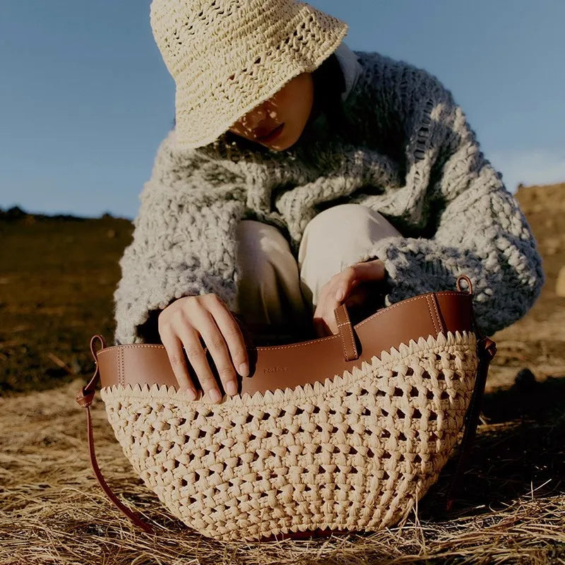 Bolso tote tejido para mujer, bolso de playa de paja de gran capacidad, bolso de hombro sencillo e informal para el verano.