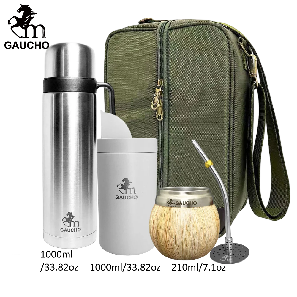 1 juego/lote de kits de viaje Gaucho Yerba Mate. Incluye termo de acero inoxidable, calabazas, bombilla, pajita y lata de té.