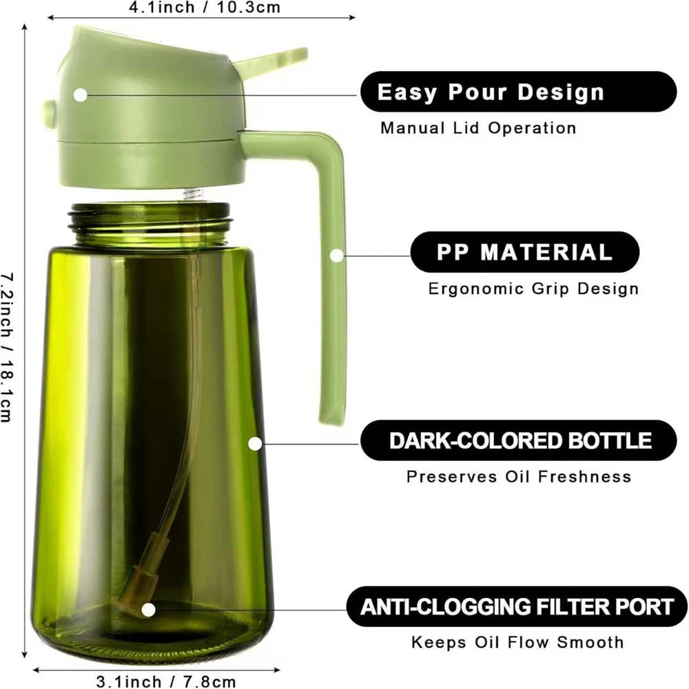 Pulverizador de aceite de 470 ml para cocinar, dispensador de aceite de oliva y botella pulverizadora 2 en 1, pulverizador de aceite con pegatinas, botella pulverizadora de vidrio grueso