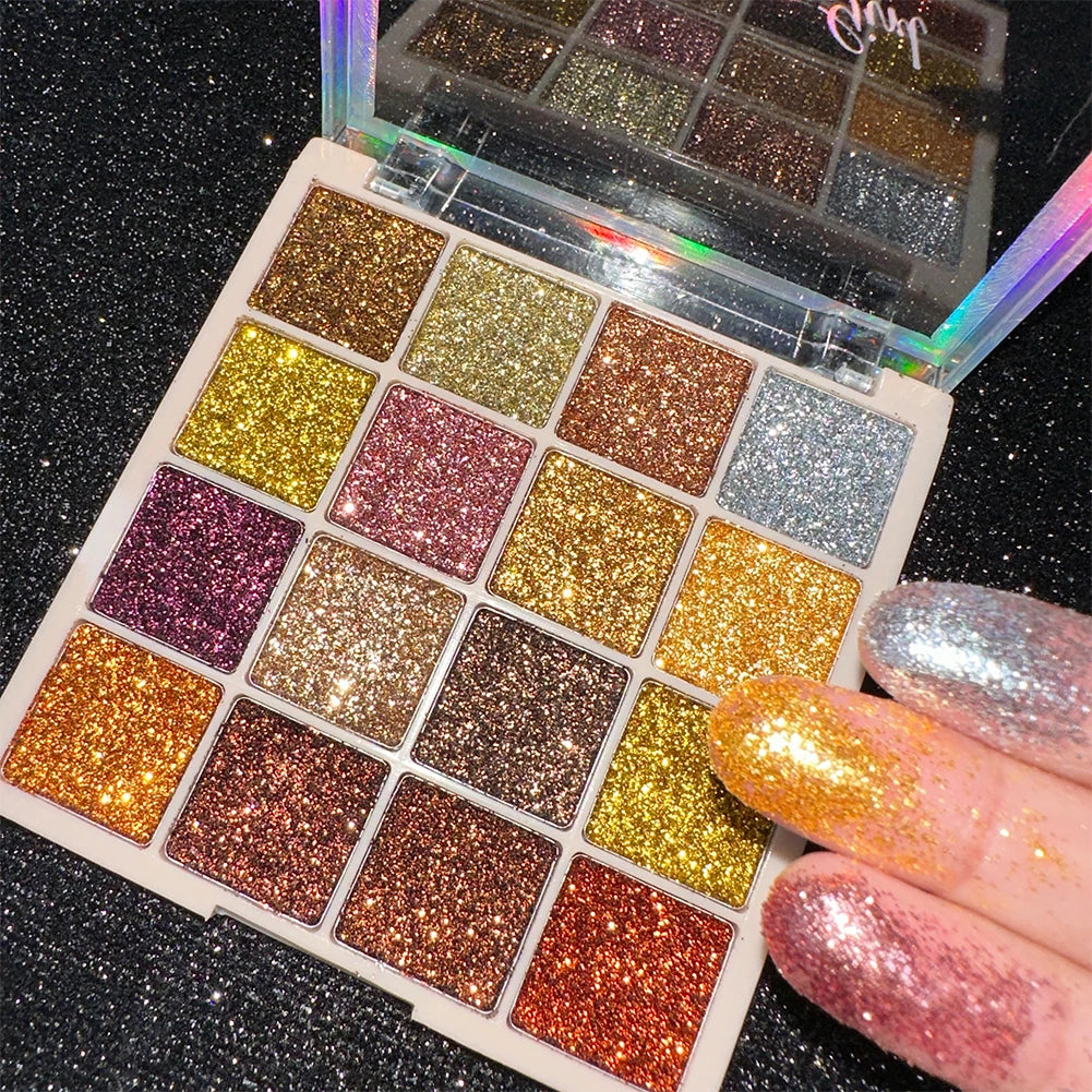 Paleta de sombras de ojos con brillo de 16 colores, efecto iridiscente multicolor dorado, acabado brillante con lentejuelas, maquillaje para cuerpo y rostro, ideal para fiestas y eventos.