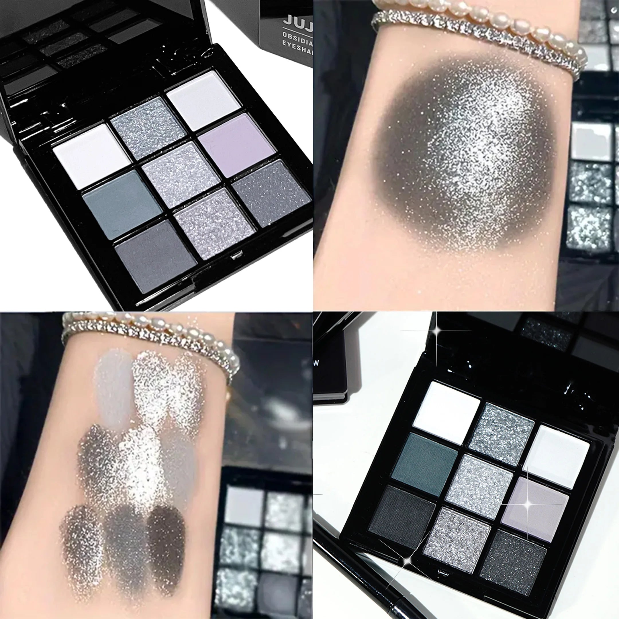Paleta de sombras de ojos de 9 tonos: Black Swan, Smoky, Dark Black, Grey Silver Glitter, acabado mate, larga duración y fácil de aplicar.