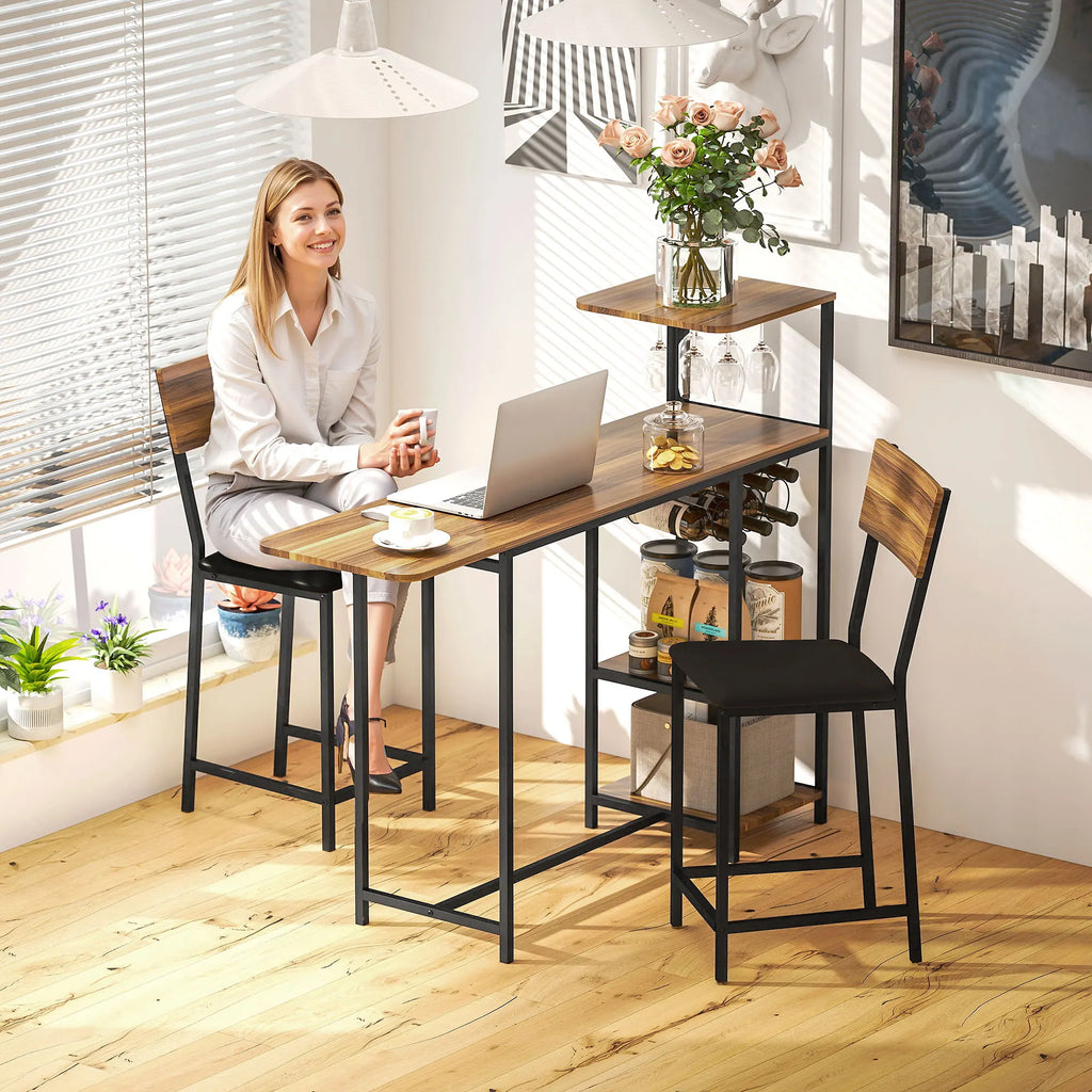 HOMCOM Conjunto de Mesa de Bar con Laterales Abatibles Soporte para Vinos y 2 Taburetes de Estilo Industrial Marrón y Negro