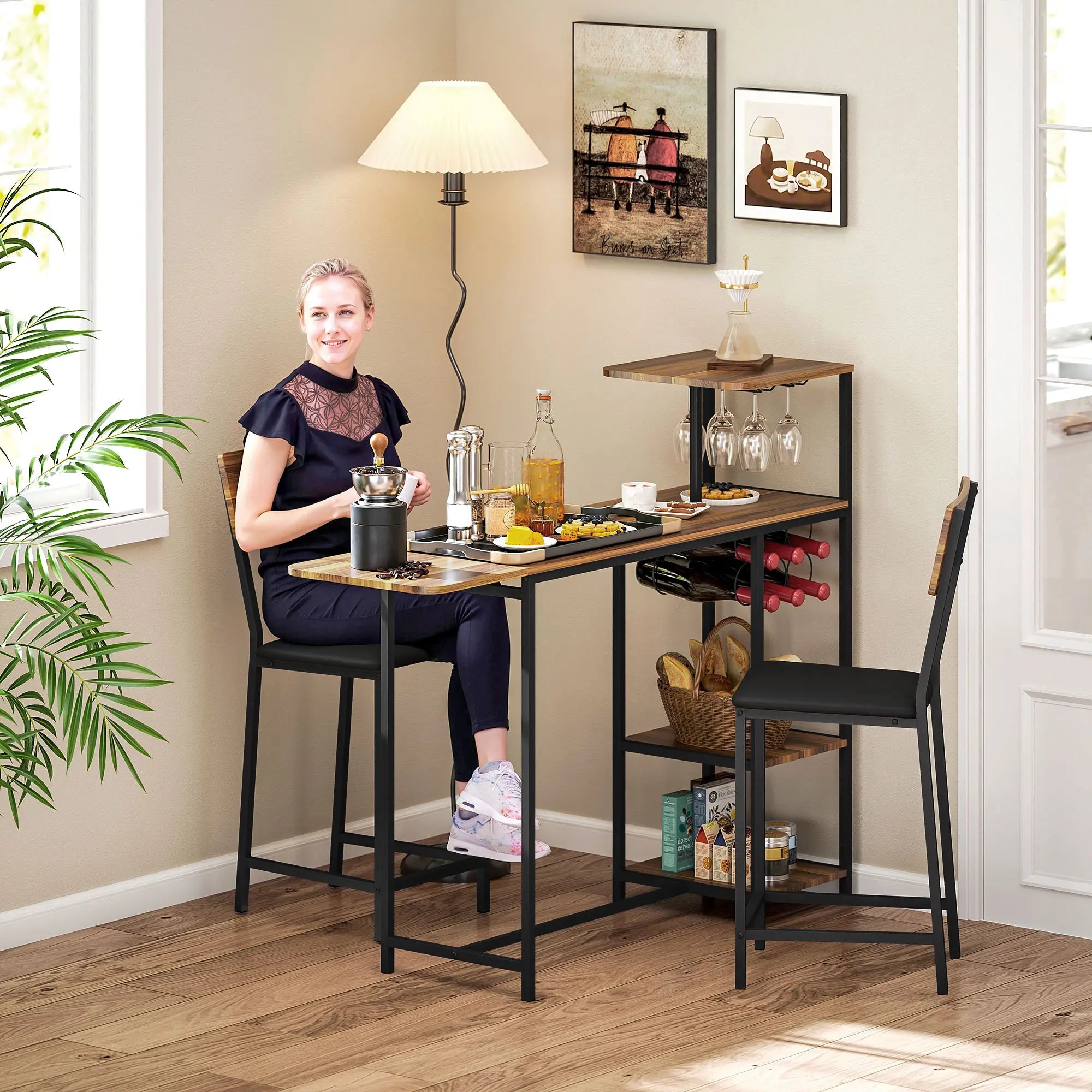 HOMCOM Conjunto de Mesa de Bar con Laterales Abatibles Soporte para Vinos y 2 Taburetes de Estilo Industrial Marrón y Negro