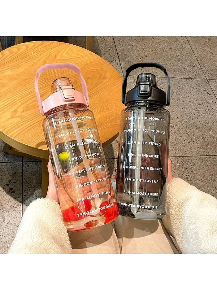 Botella de agua grande de 2 litros, portátil, con pajita de plástico, ideal para viajes, deportes y fitness. Vaso grande de alta calidad, universal para adultos.