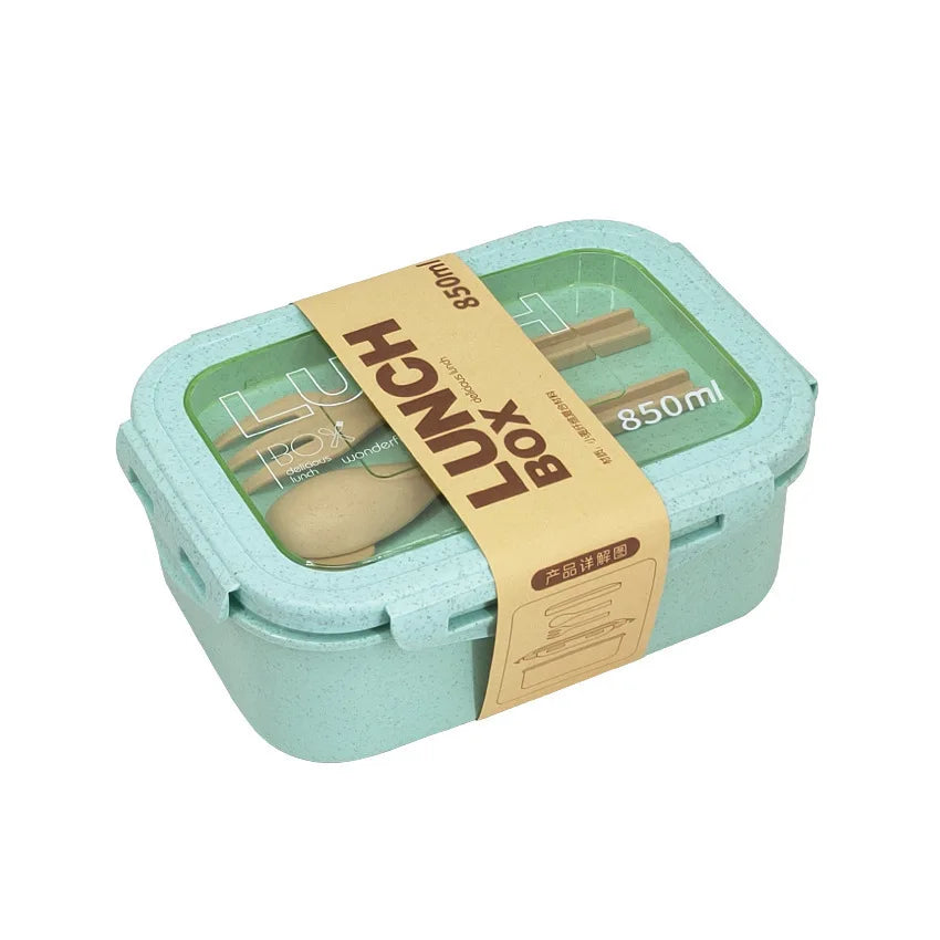 Caja de almuerzo de 1100ML para niños, escuela, adultos, oficina, de paja de trigo, apta para microondas, picnic, almacenamiento, portátil, gran caja bento con cuchara y palillos
