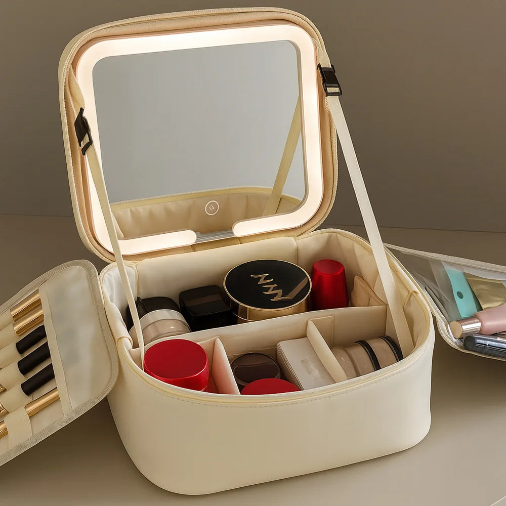 Nuevo neceser de maquillaje LED de alta gama 2026, bolsa de aseo portátil de gran capacidad para viajes, con espejo y caja de luz.