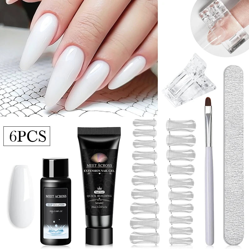 MEET ACROSS Kit de gel para extensión de uñas de 20 ml, gel duro de construcción rápida, acrílico, cristal blanco nude, esmalte de uñas de gel UV.