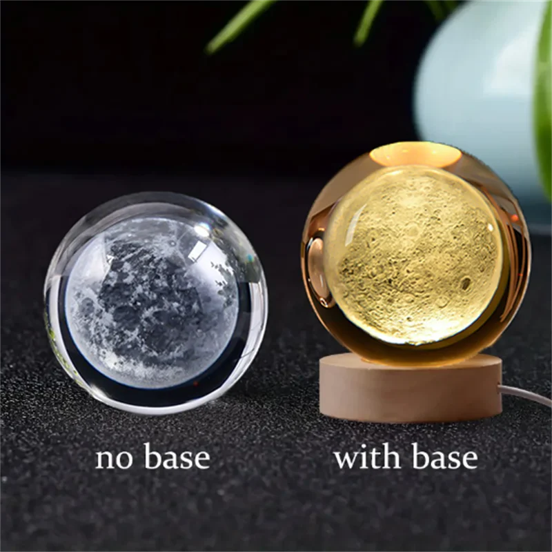 1 Pc Bola de Cristal de 6 cm Lámpara Nocturna Planeta Grabado con Láser Regalo de Cumpleaños Esfera de Vidrio Decoración de Escritorio para el Hogar con Base de Madera y USB